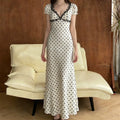 Glorol - Lace Polka Dot V-Neck Patchwork Lace-Up Maxi Dress