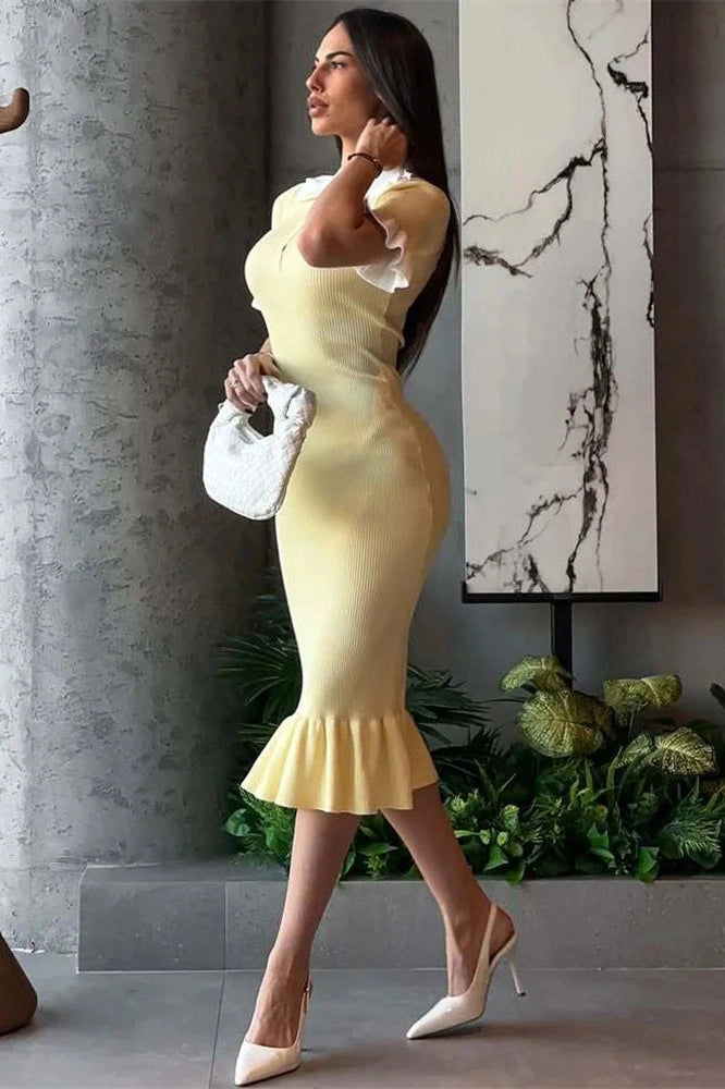 Glorol - Short Sleeve Slim High Waist Midi Dress