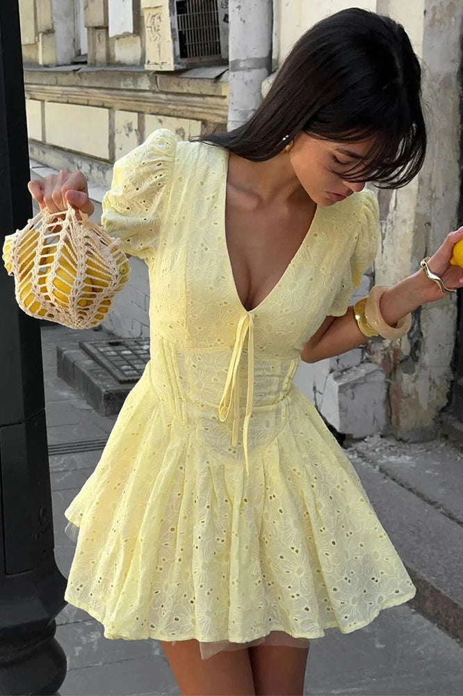 Glorol - Lace-Up Printed V-Neck Slim Short Sleeve Mini Dress