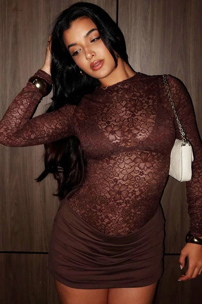 Glorol - Lace See Through O Neck High Waist Long Sleeve Mini Dress