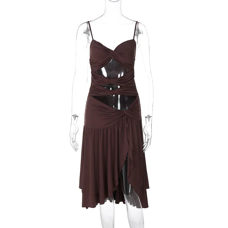 Glorol - Hollow Out Slim Spaghetti Strap Midi Dress