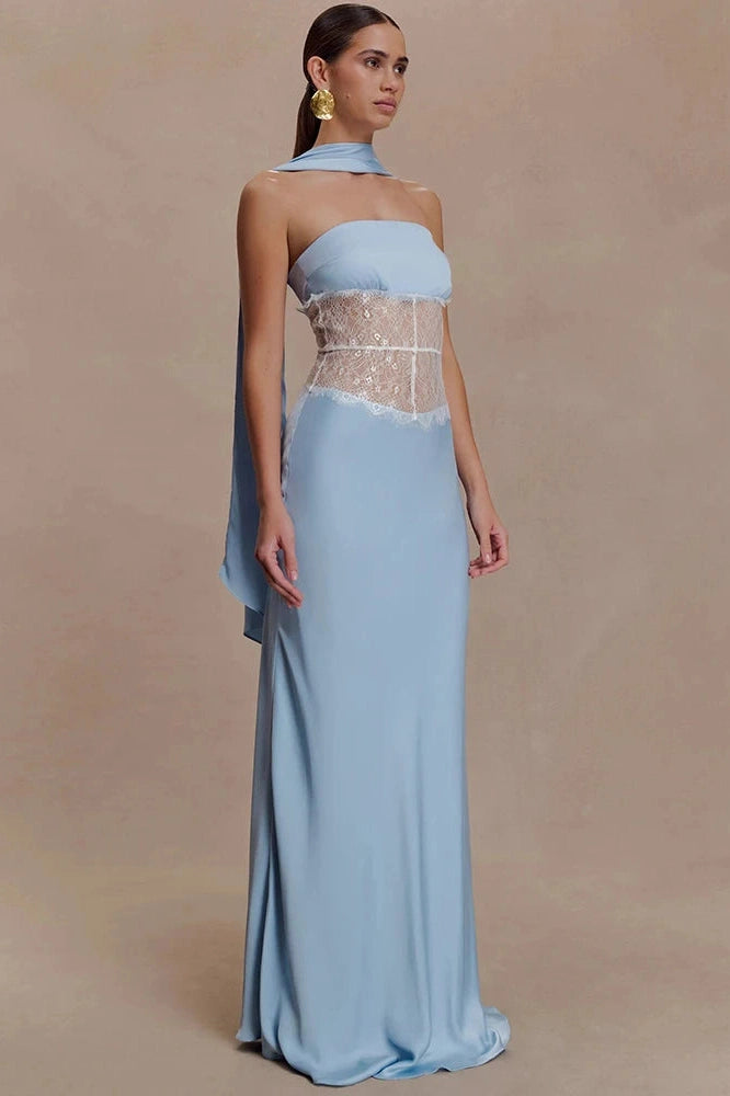 Glorol - Scarf Collar Off-Shoulder Lace Strapless Sleeveless Bodycon Maxi Dress
