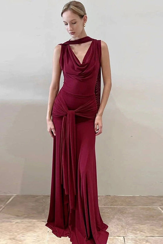 Glorol - Elegant Backless Slim V-Neck Irregular Maxi Dress