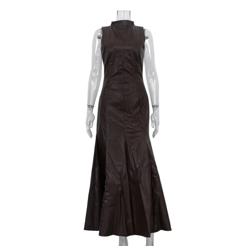 Glorol - PU Leather Patchwork High Waist Sleeveless Maxi Dress