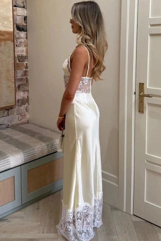 Glorol - Hollow-Out Lace Deep V-Neck Backless Slim Straps Maxi Dress