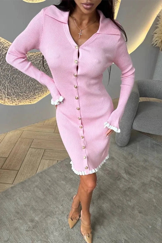 Glorol - Elegant Knitted Long Sleeve Single-Breasted Bodycon Mini Dress