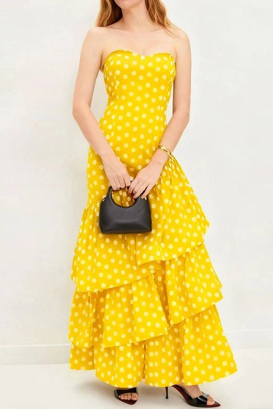 Glorol - Elegant Off Shoulder High Waist Polka Dot Print Maxi Dress