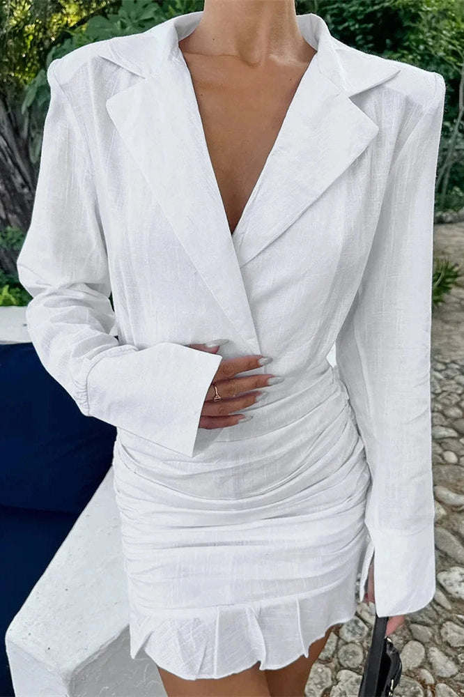 Glorol - Patchwork V-Neck High Waist Pleated Mini Dress