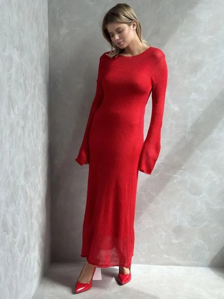 Glorol - See Through Loose Long Sleeve Knitted Maxi Dress