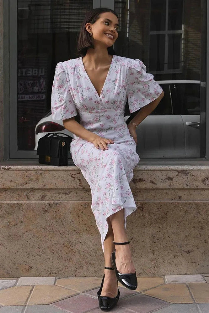 Glorol - Printed V-Neck Short Sleeve Slim High Waist Maxi Dress