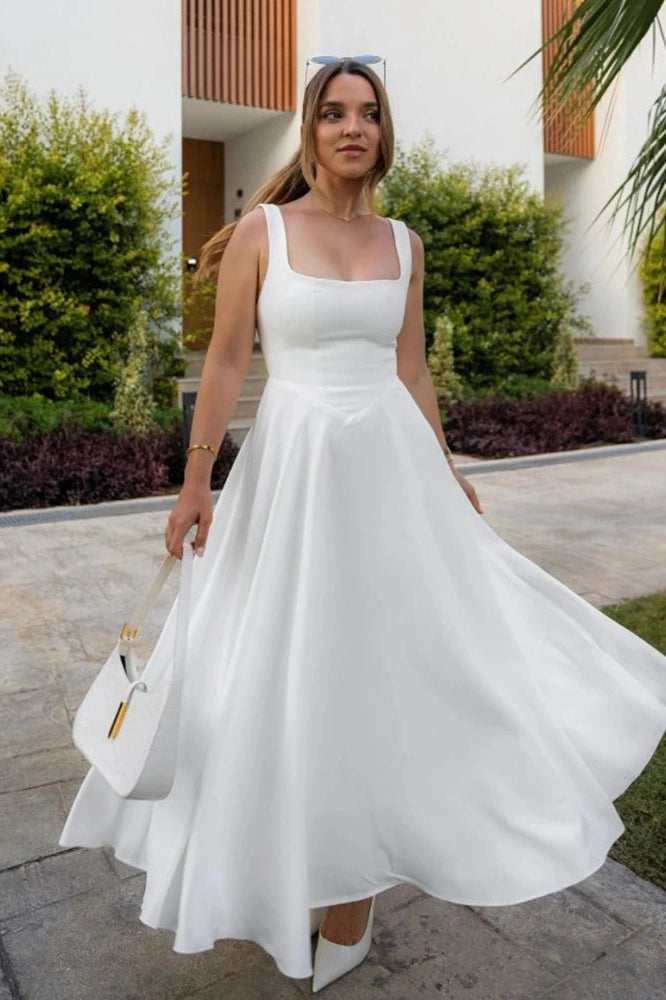 Glorol - Sleeveless Square Collar High Waist A-Line Midi Dress