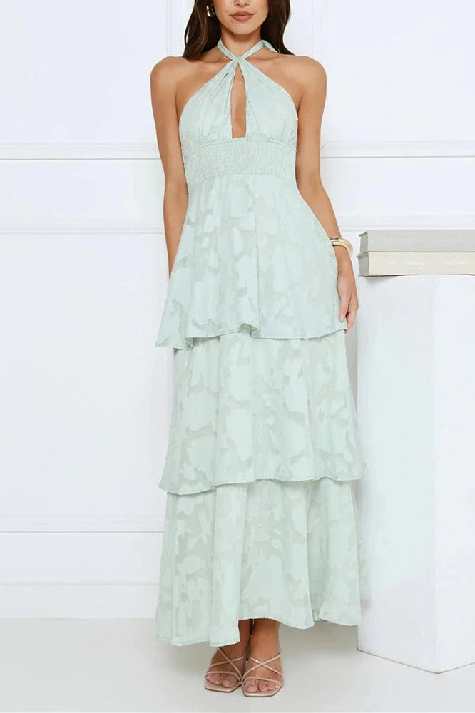 Glorol - Elegant Hollow Out Backless Tie Up High Waist Maxi Dress