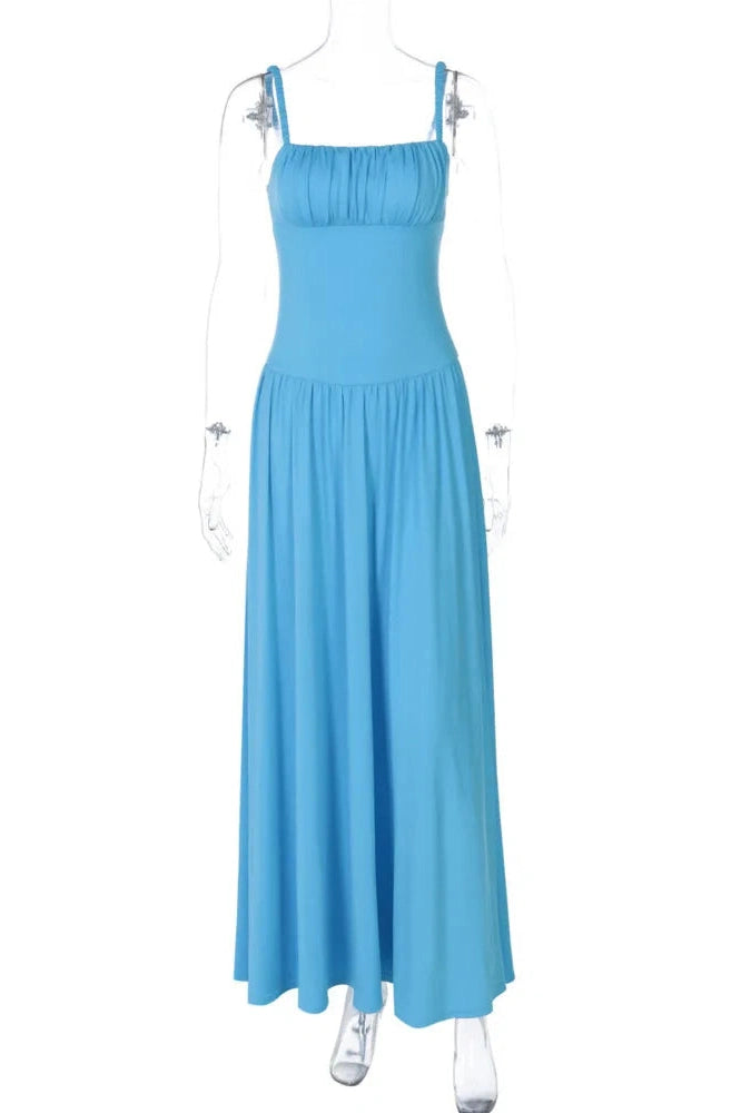 Glorol - Spaghetti Strap Backless Sleeveless High Waist Pleated Maxi Dress