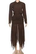 Glorol - Long-Sleeved Pleated Slim High Waist Midi Dress