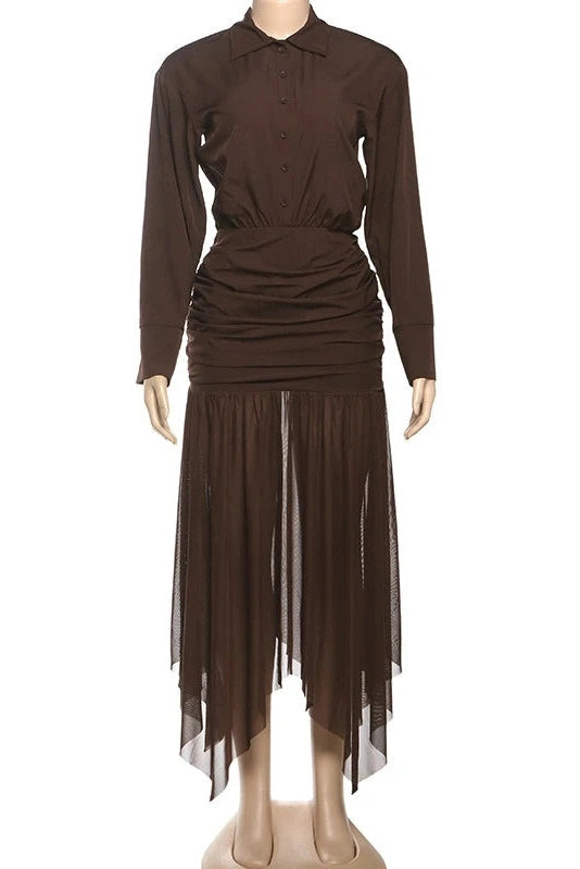 Glorol - Long-Sleeved Pleated Slim High Waist Midi Dress