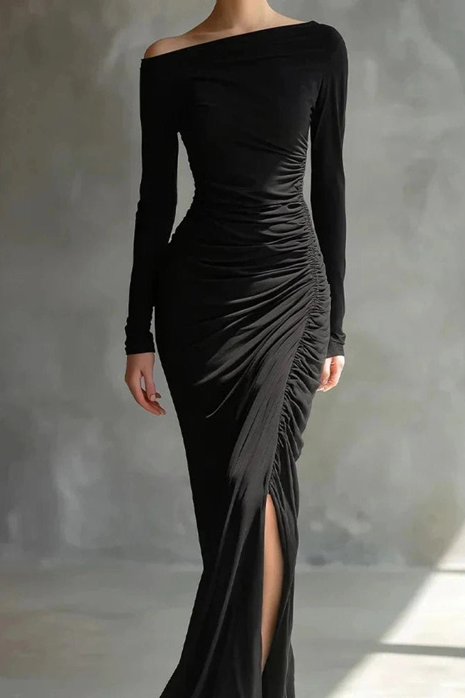 Glorol - Elegant High Waist Split Long Sleeve Slash Collar Maxi Dress