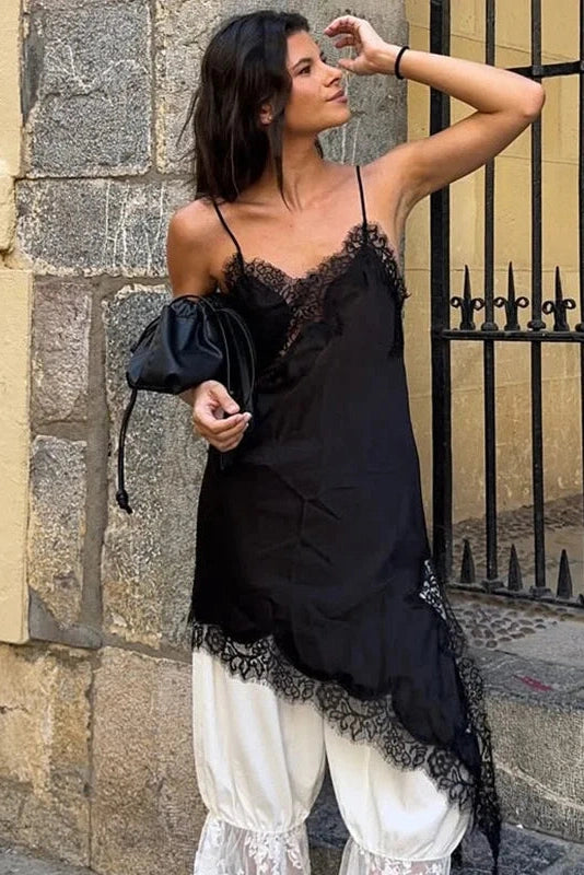 Glorol - Lace Backless Slit Spaghetti Strap Slim High Waist Irregular Mini Dress