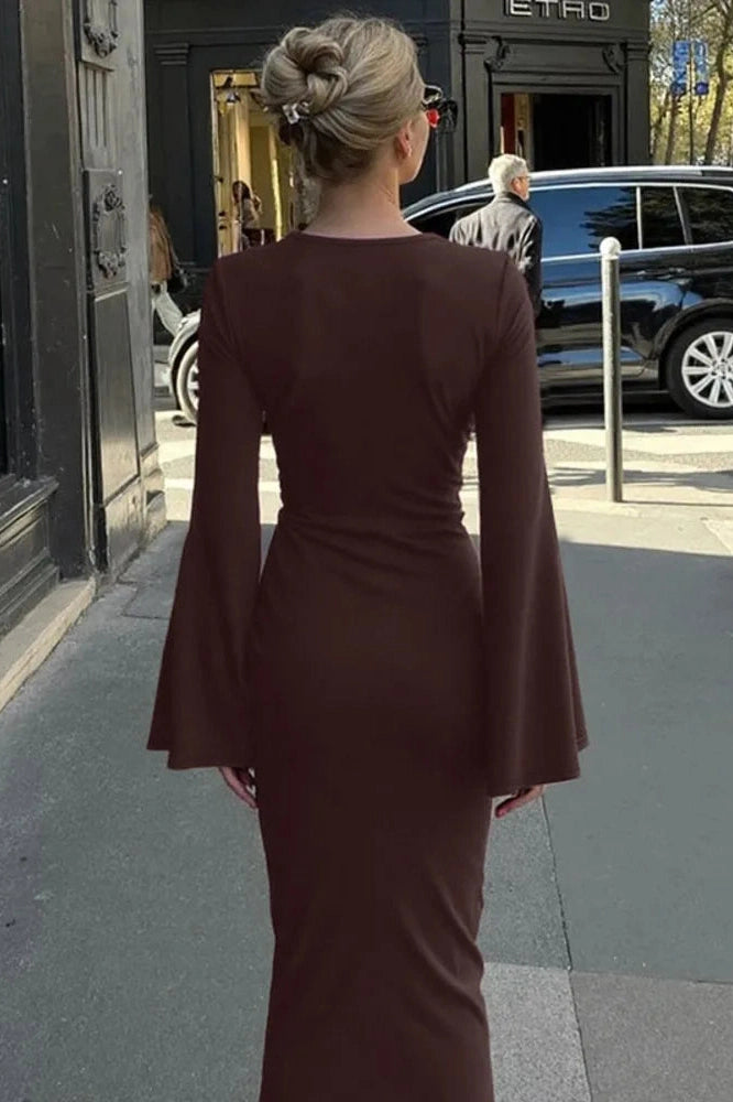 Glorol - Long Sleeve O Neck High Waist Bodycon Maxi Dress