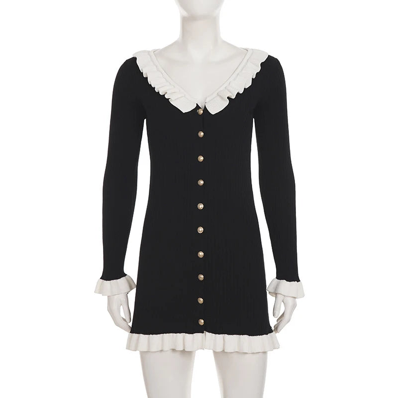 Glorol - Knitted V Neck Long Sleeve Mini Dress