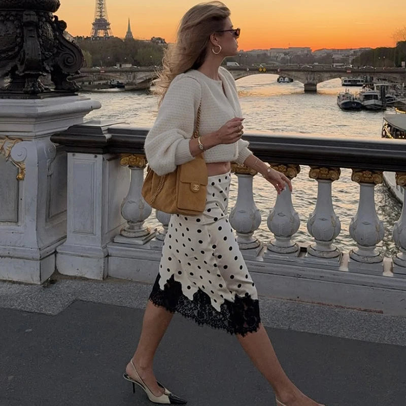 Glorol - Elegant Lace-Paneled Polka-Dot Skirt