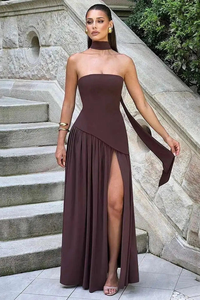 Glorol - Strapless Off-Shoulder Patchwork Scarf Collar High Split Maxi Dress