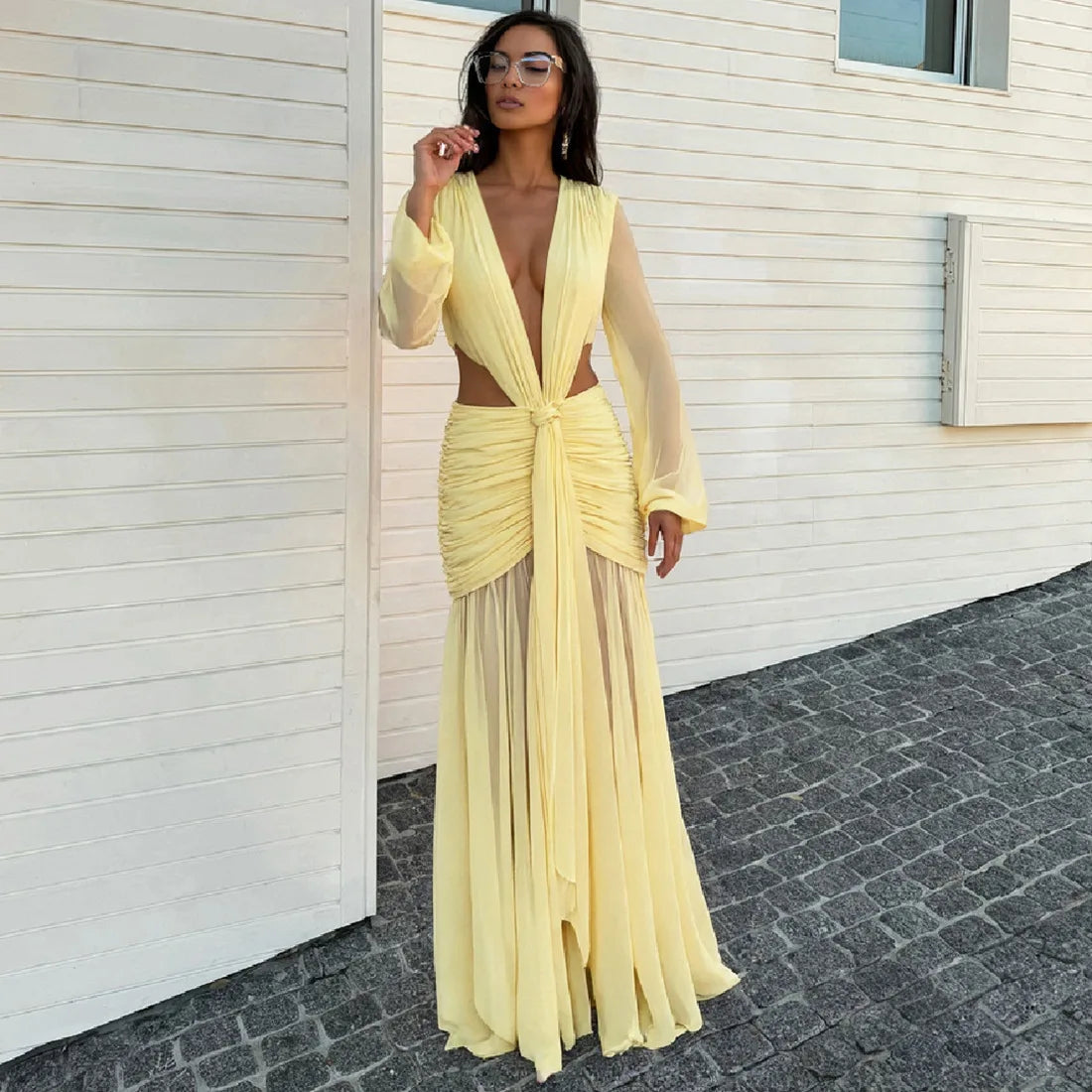 Glorol - Pleated Deep V-Neck Bodycon Maxi Dress