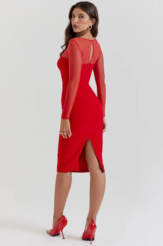 Glorol - Elegant Long Sleeve Strapless Backless Split Bodycon Midi Dress