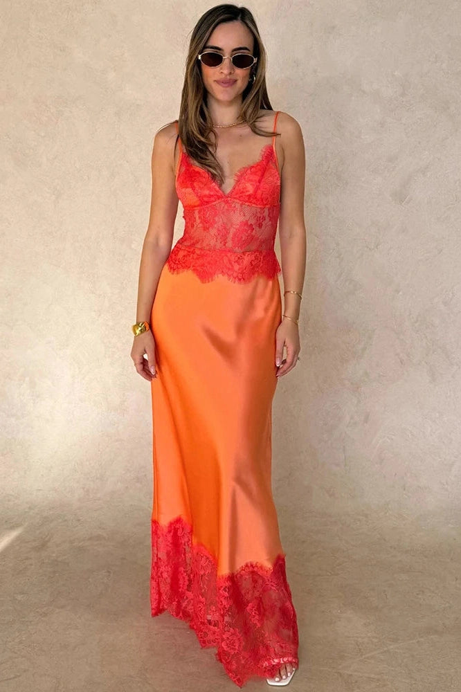 Glorol - Spaghetti Strap Backless Lace Patchwork V Neck Sleeveless Maxi Dress