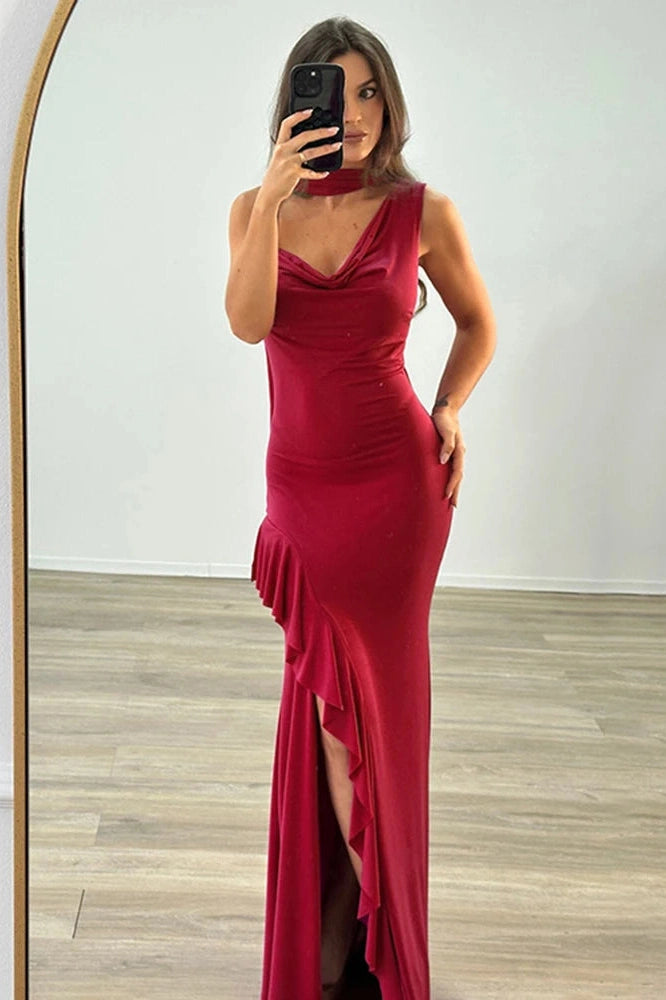 Glorol - Elegant V Neck Slim High Slit Sleeveless Maxi Dress