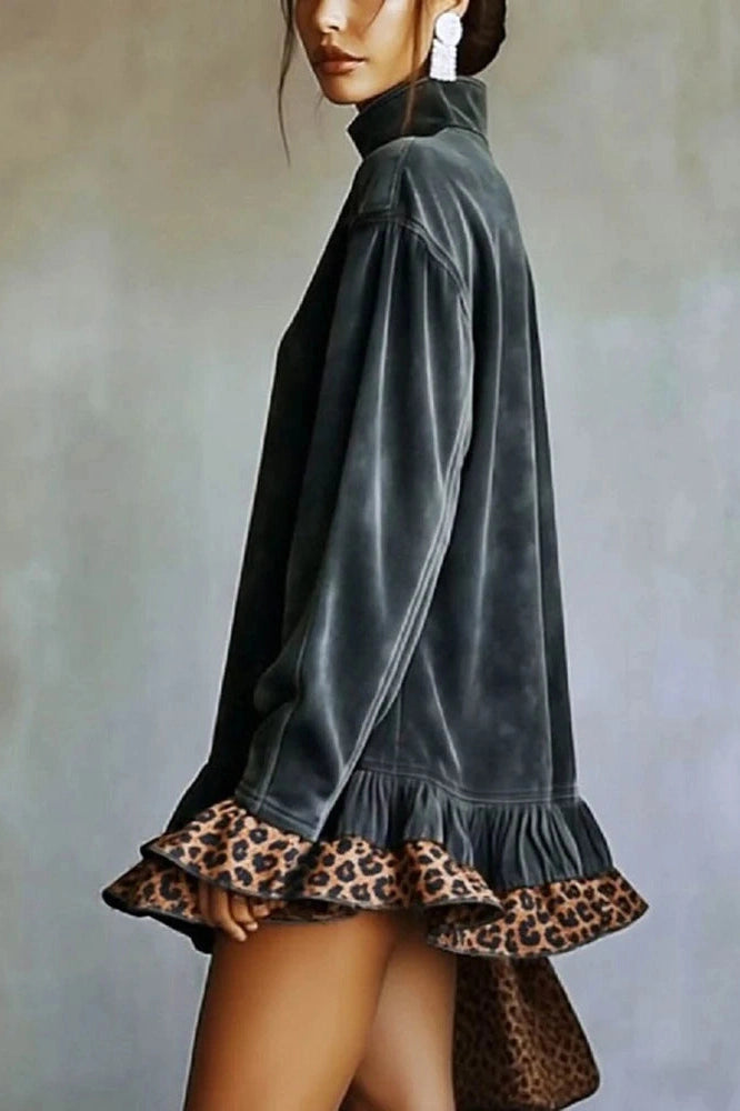 Glorol - Leopard Printed High Collar Long Sleeve Loose Mini Dress