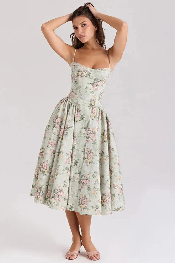 Glorol - Spaghetti Strap Printed Sleeveless A-Line High Waist Pleated Midi Dress