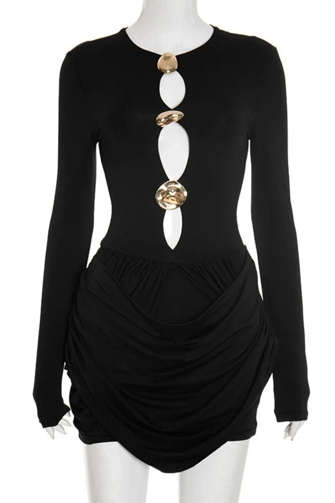 Glorol - Hollow Out Long Sleeve O Neck High Waist Mini Dress