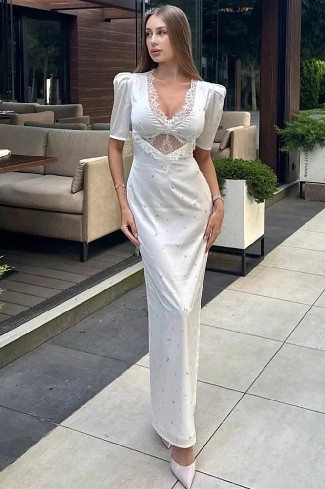 Glorol - Hollow Out V-Neck Lace Slim Patchwork Maxi Dress