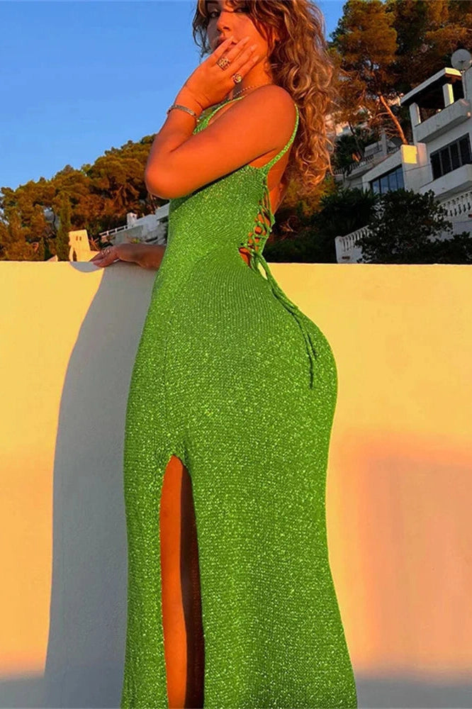 Glorol - Backless Split Lace-Up Maxi Dress