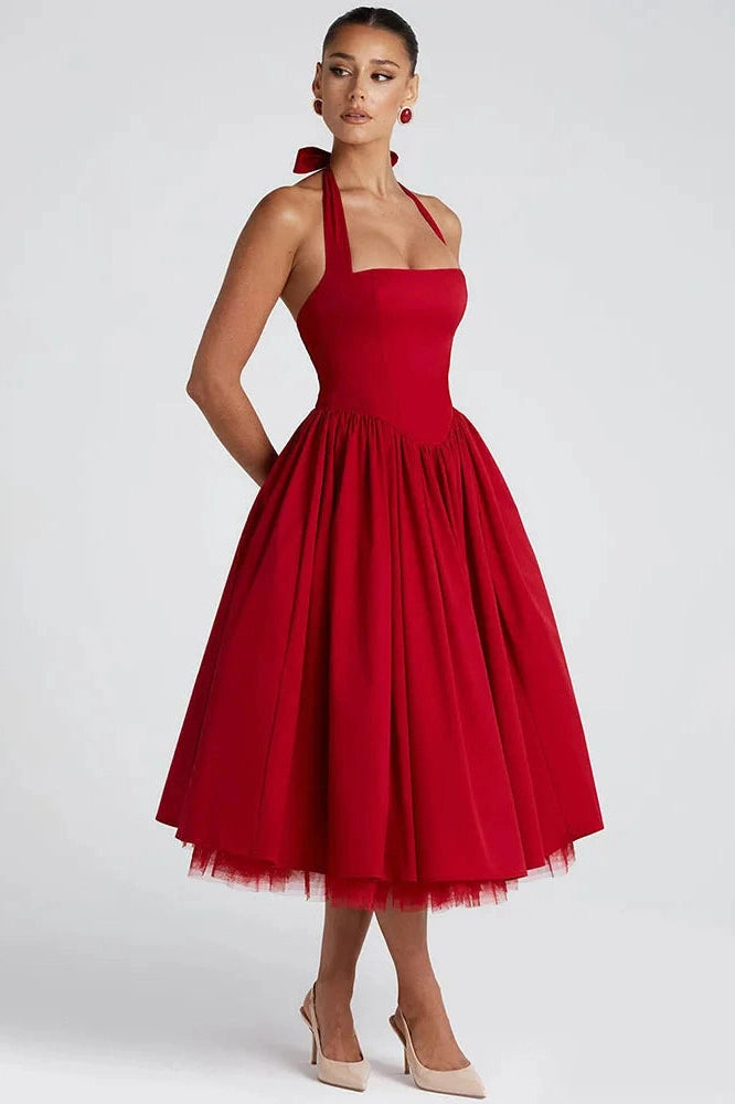 Glorol - Backless Square Collar Sleeveless High Waist A-Line Midi Dress