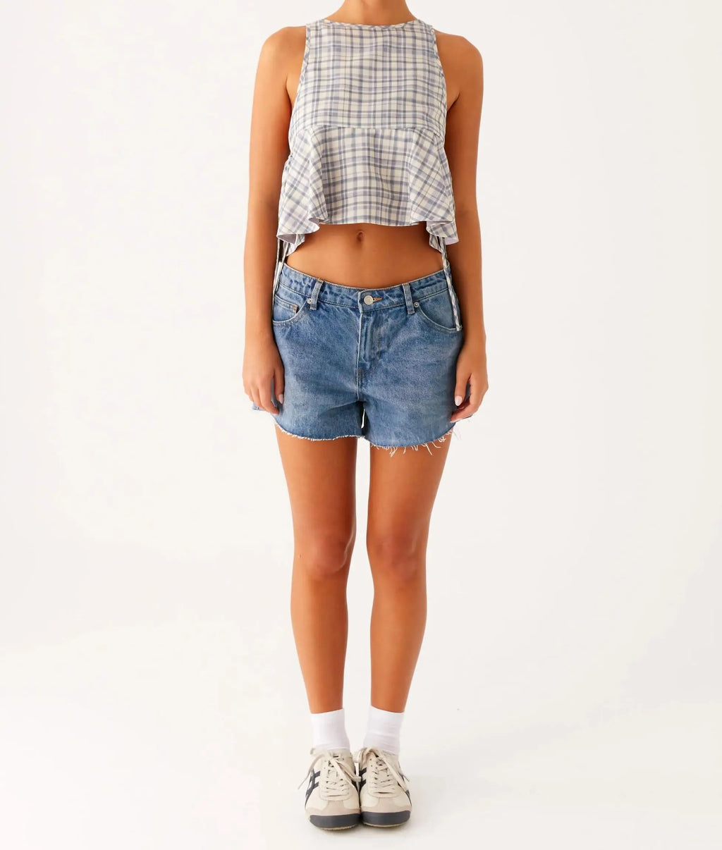 Glorol - Plaid Print Sleeveless Round Neck Tie-Up Top