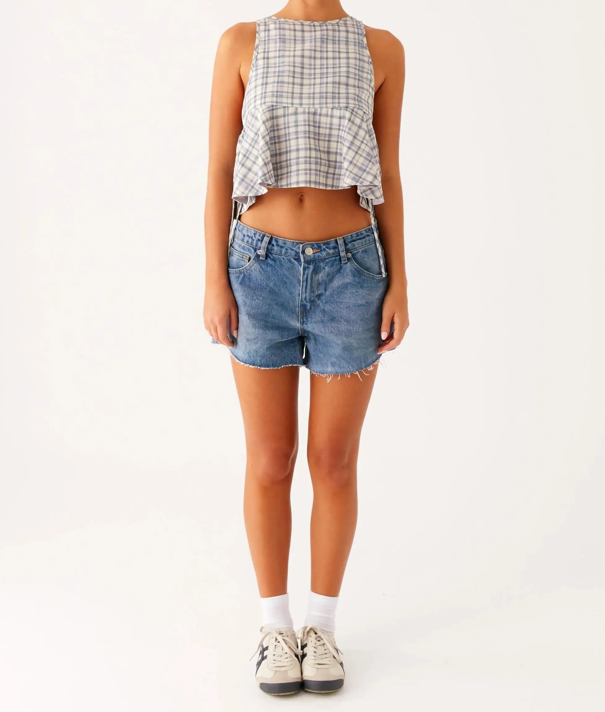 Glorol - Plaid Print Sleeveless Round Neck Tie-Up Top