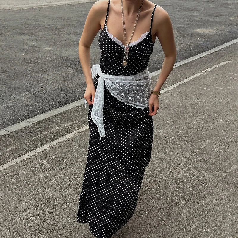 Polka Dot Deep V Neck Lace Slim Maxi Dress