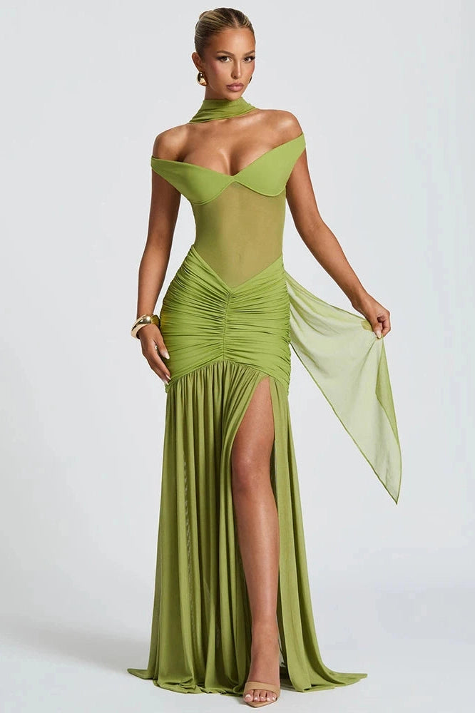 Glorol - Off-Shoulder Backless Sleeveless High Split Maxi Dress