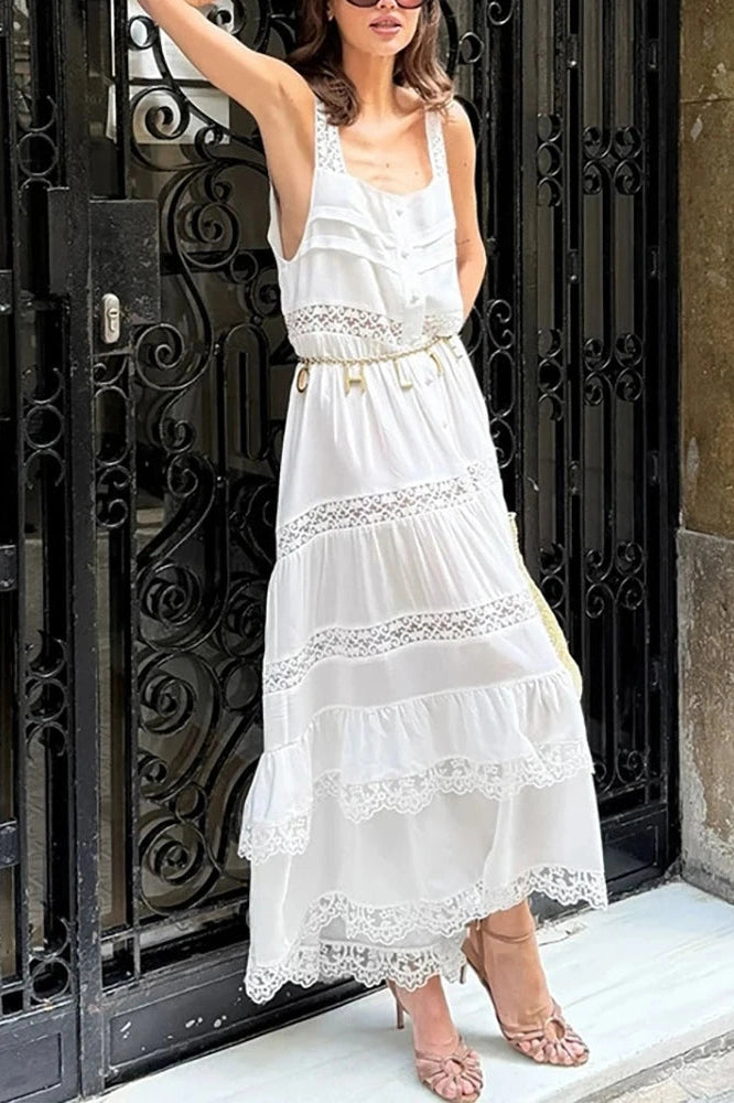 Glorol - Hollow Out High Waist Lace Sleeveless Pleated Maxi Dress