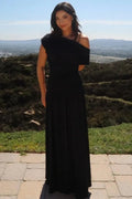Glorol - Incline Shoulder Backless Sleeveless Pleated Maxi Dress