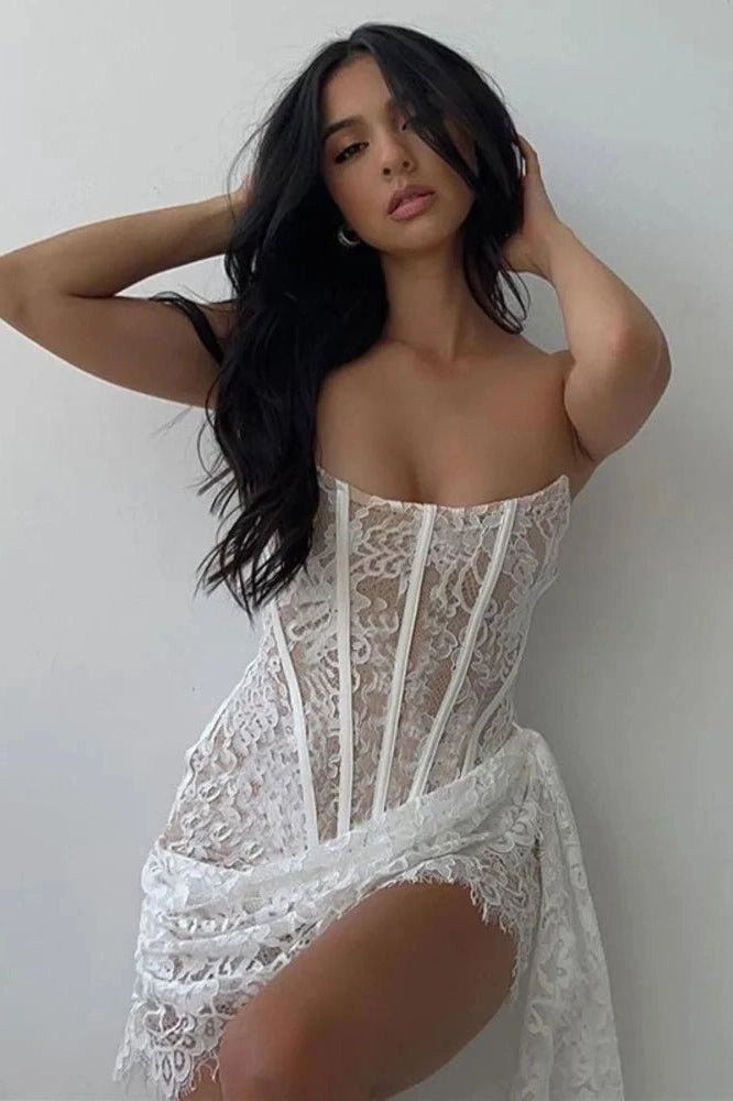Glorol - Lace Strapless Off-shoulder Sleeveless Mini Dress