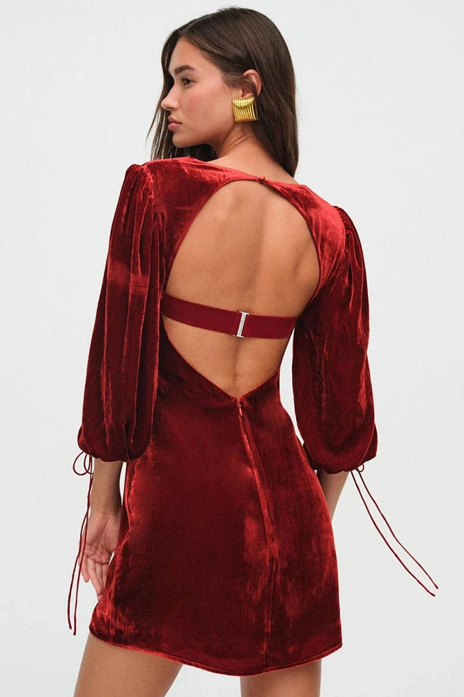 Glorol - Elegant Square Collar Half Sleeve Backless Mini Dress
