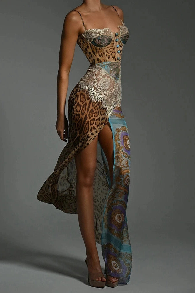 Glorol - Printed Lace Split Patchwork Sleeveless Backless Maxi Dress