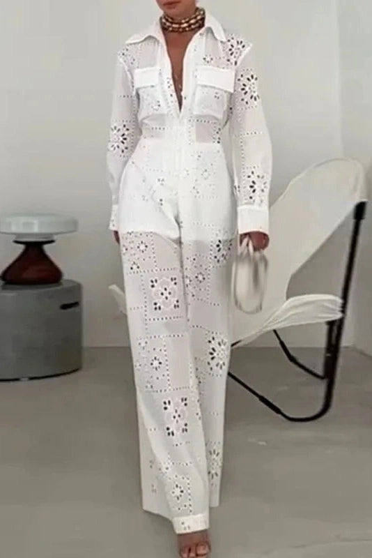 Glorol - High Waist Lace Hollow Out Wide Leg Jumpsuit