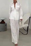 Glorol - High Waist Lace Hollow Out Wide Leg Jumpsuit