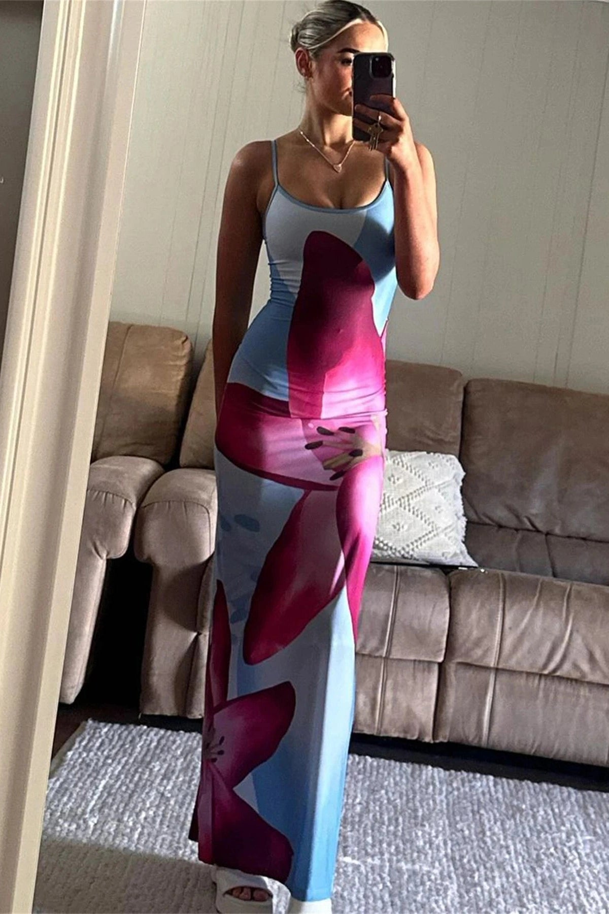 Glorol - Spaghetti Strap Printed Backless Bodycon Maxi Dress