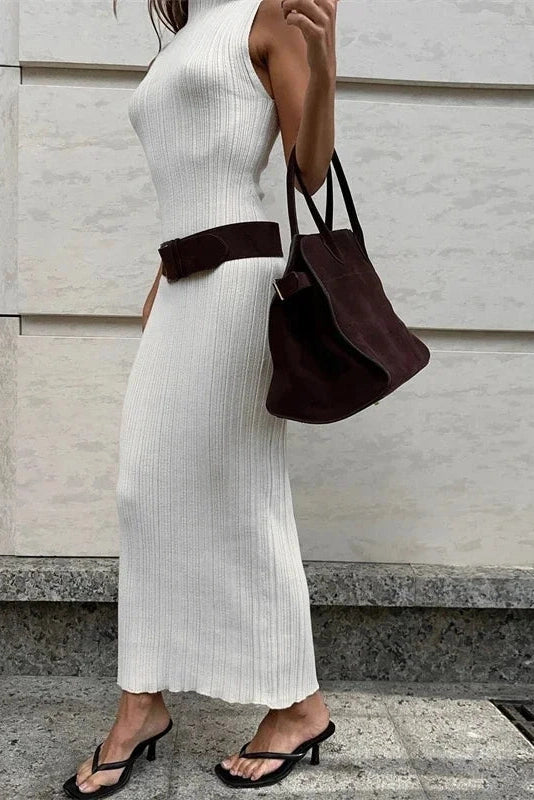 Glorol - Elegant Knitted Turtleneck Sleeveless Bodycon High Waist Maxi Dress