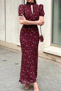 Short Sleeve Printed High Collar Slim Maxi Dress