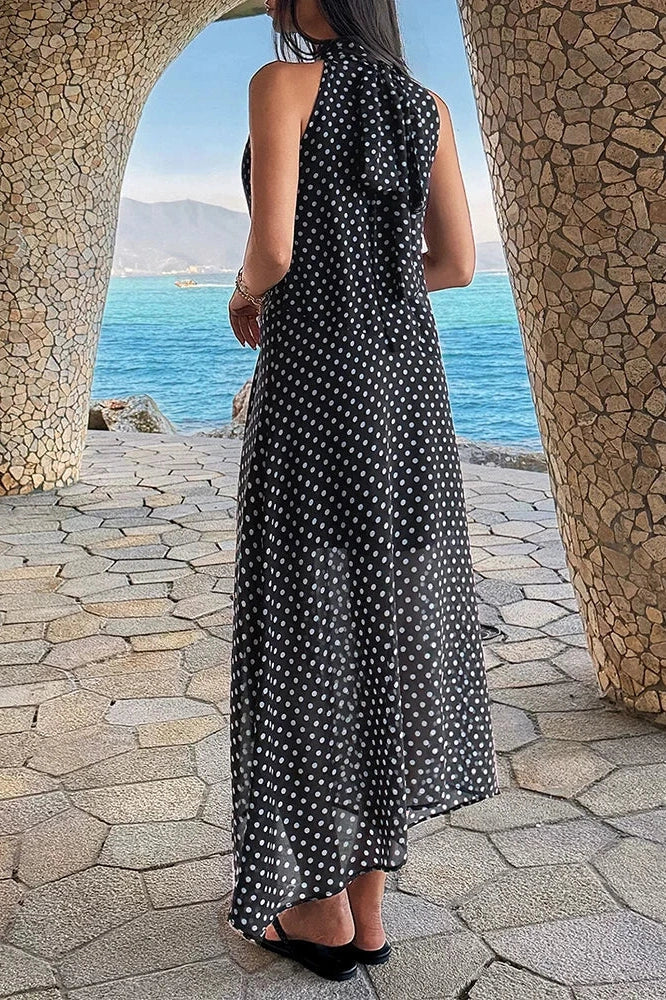 Polka Dot Printed High Waist Pleated Maxi Dress